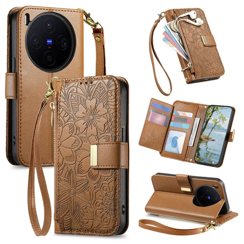 For vivo X300 5G Case Floral Leaf Pattern Multi Card Slots Zipper Leather Phone Cover with Wrist Strap - Brown - 1