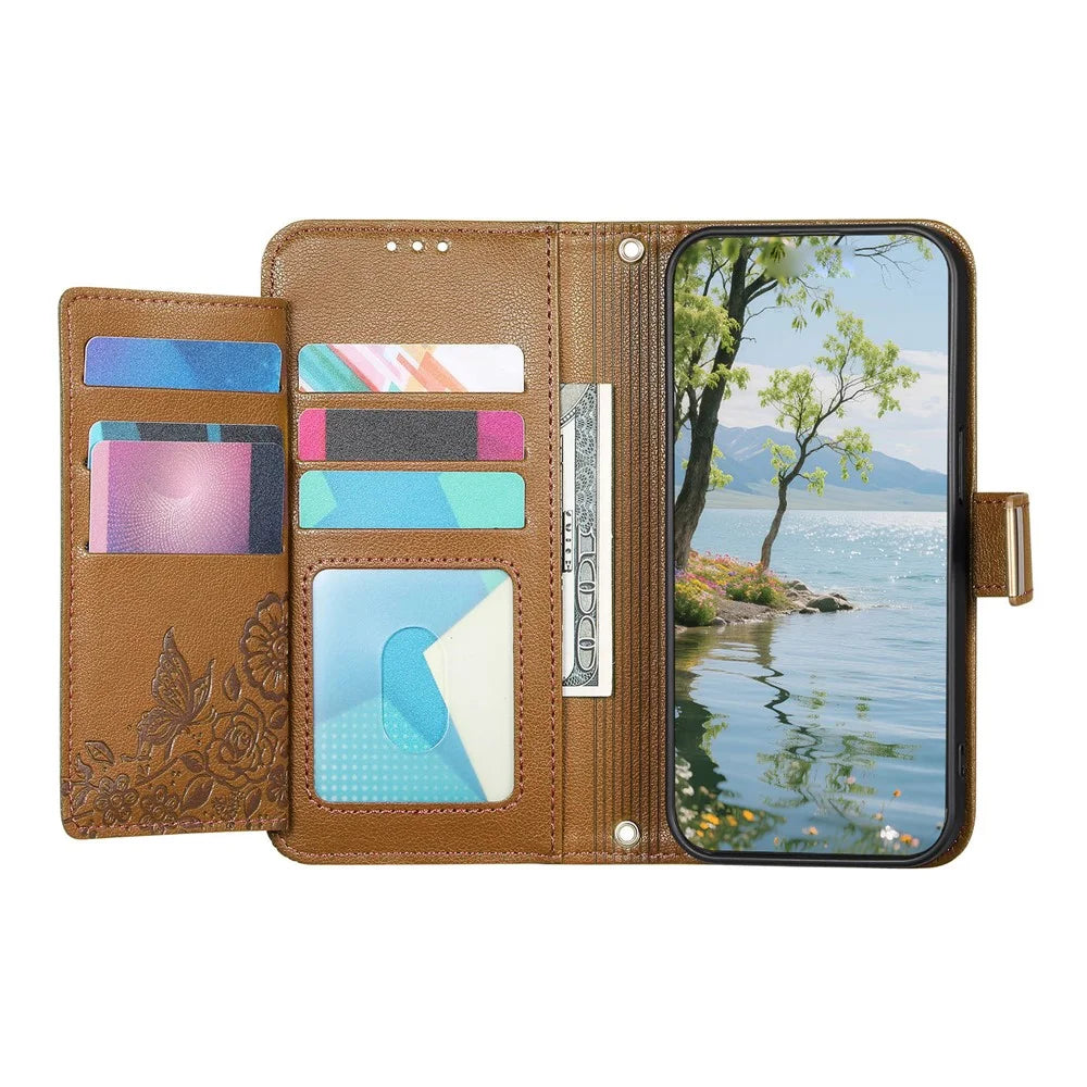 For vivo X300 5G Case Floral Leaf Pattern Multi Card Slots Zipper Leather Phone Cover with Wrist Strap - Brown - 2