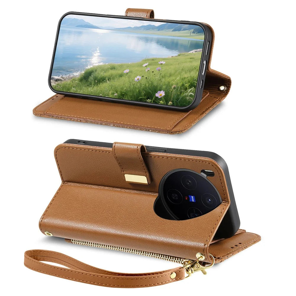 For vivo X300 5G Case Floral Leaf Pattern Multi Card Slots Zipper Leather Phone Cover with Wrist Strap - Brown - 3
