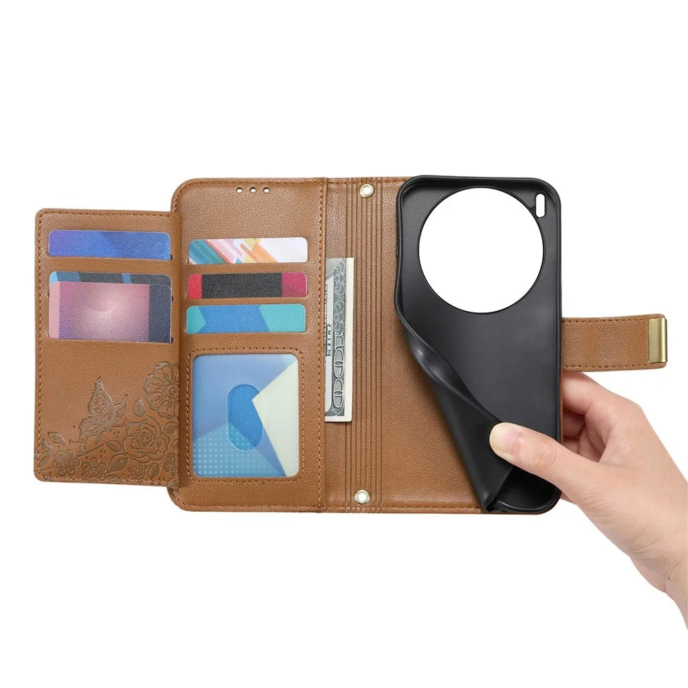 For vivo X300 5G Case Floral Leaf Pattern Multi Card Slots Zipper Leather Phone Cover with Wrist Strap - Brown - 4