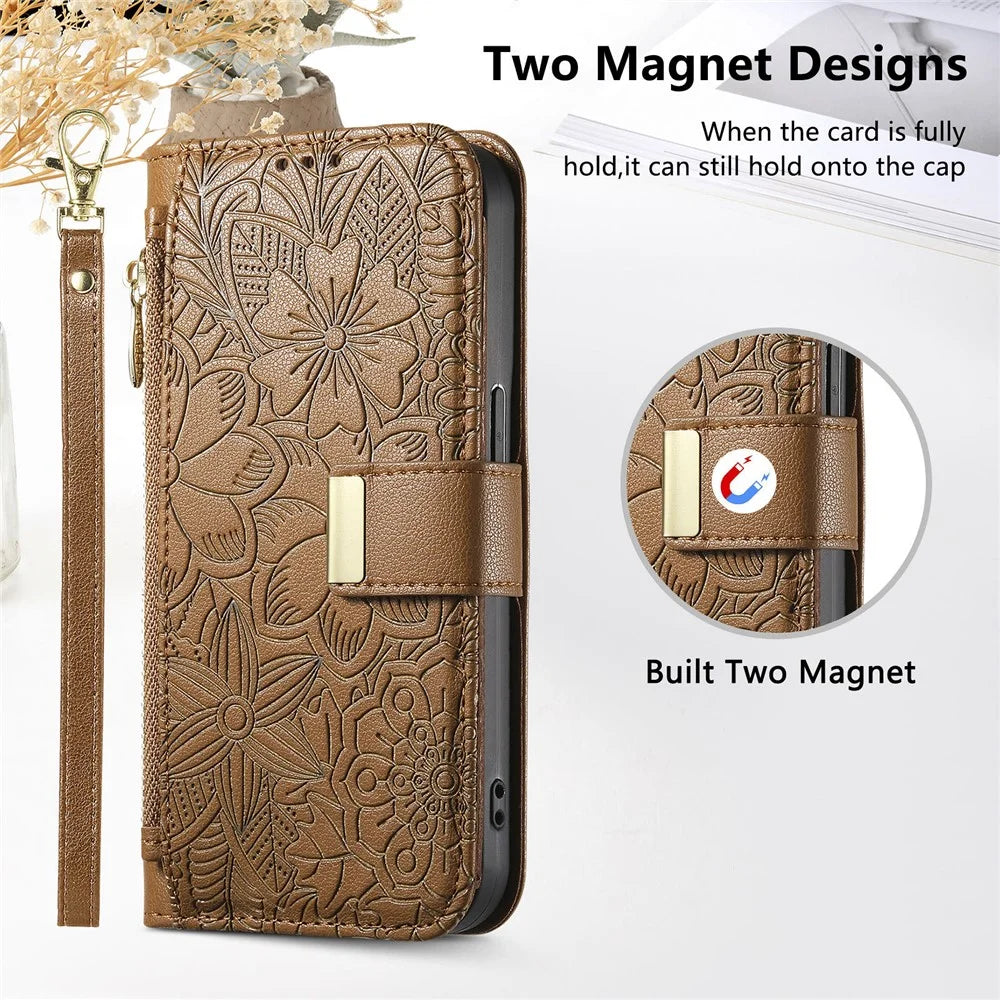 For vivo X300 5G Case Floral Leaf Pattern Multi Card Slots Zipper Leather Phone Cover with Wrist Strap - Brown - 7
