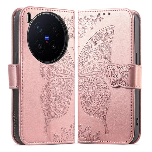 For vivo X300 Pro 5G Case with Strap Butterfly Pattern PU Leather Wallet Phone Cover - Rose Gold - 1