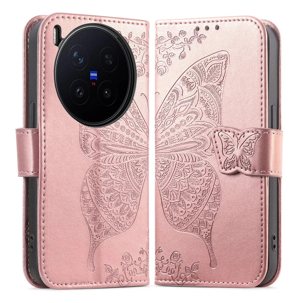 For vivo X300 Pro 5G Case with Strap Butterfly Pattern PU Leather Wallet Phone Cover - Rose Gold - 1
