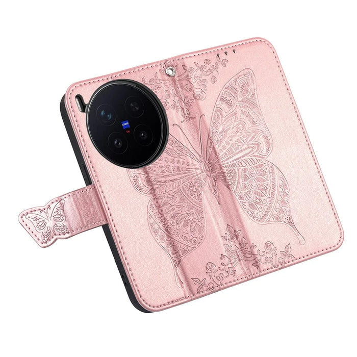 For vivo X300 Pro 5G Case with Strap Butterfly Pattern PU Leather Wallet Phone Cover - Rose Gold - 4