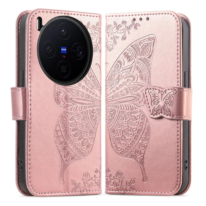 For vivo X300 5G Case with Strap Butterfly Pattern PU Leather Wallet Phone Cover - Rose Gold - 1