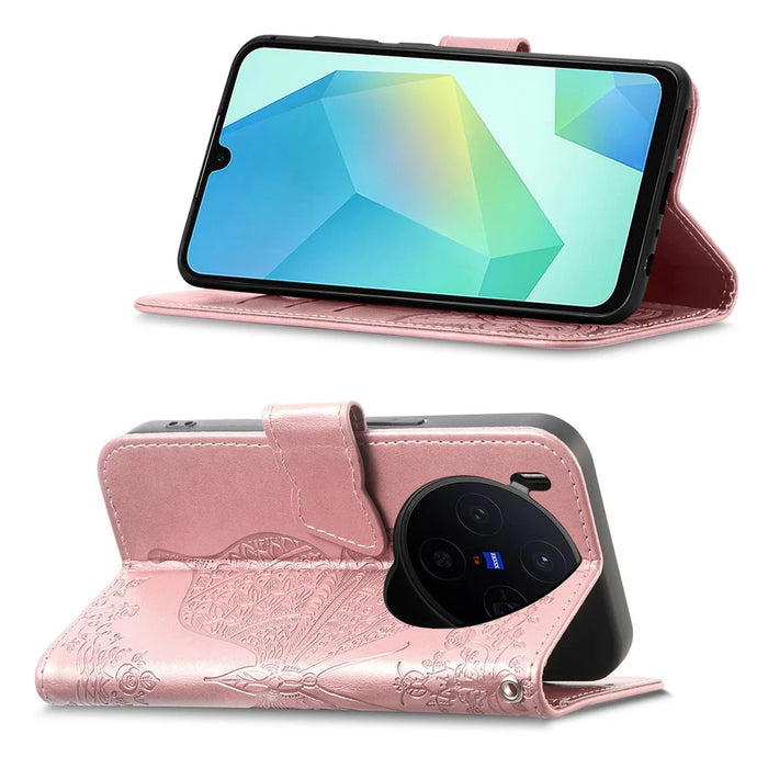 For vivo X300 5G Case with Strap Butterfly Pattern PU Leather Wallet Phone Cover - Rose Gold - 3