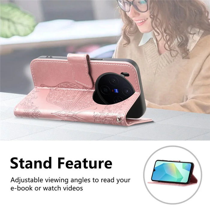 For vivo X300 5G Case with Strap Butterfly Pattern PU Leather Wallet Phone Cover - Rose Gold - 7