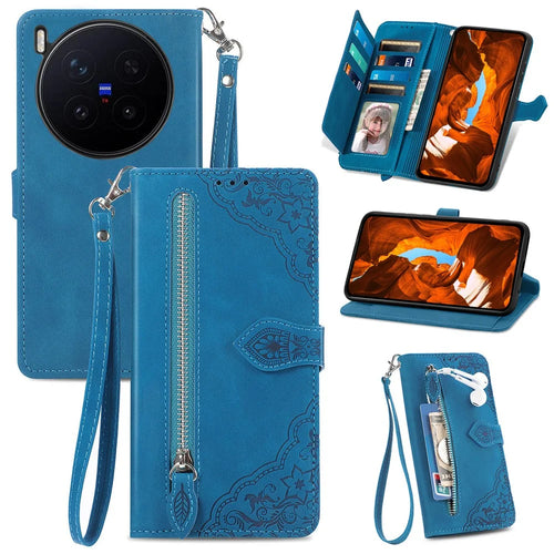 For vivo X300 Pro 5G Zipper Wallet Case with Strap Flower Imprint PU Leather Phone Cover - Blue - 1