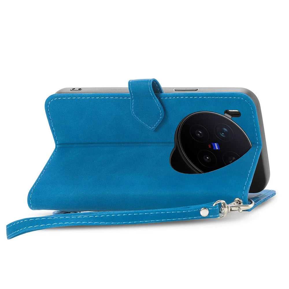 For vivo X300 Pro 5G Zipper Wallet Case with Strap Flower Imprint PU Leather Phone Cover - Blue - 4