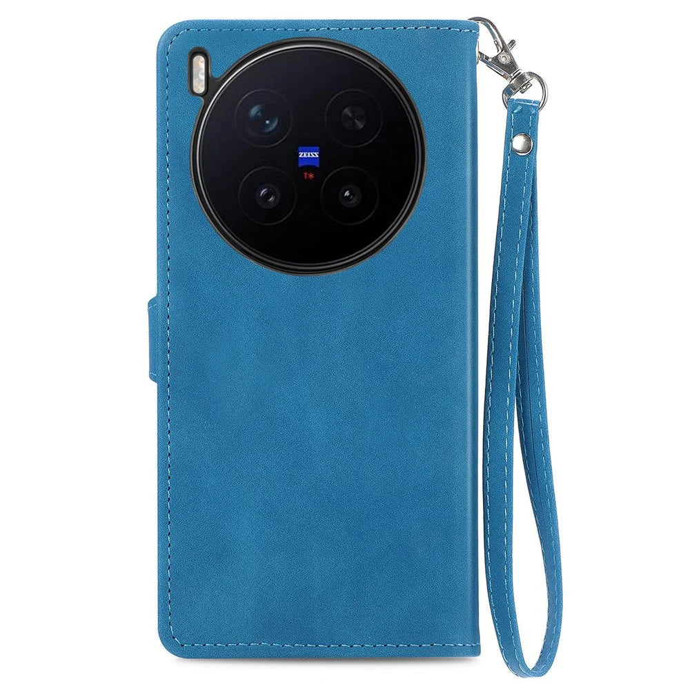 For vivo X300 Pro 5G Zipper Wallet Case with Strap Flower Imprint PU Leather Phone Cover - Blue - 6