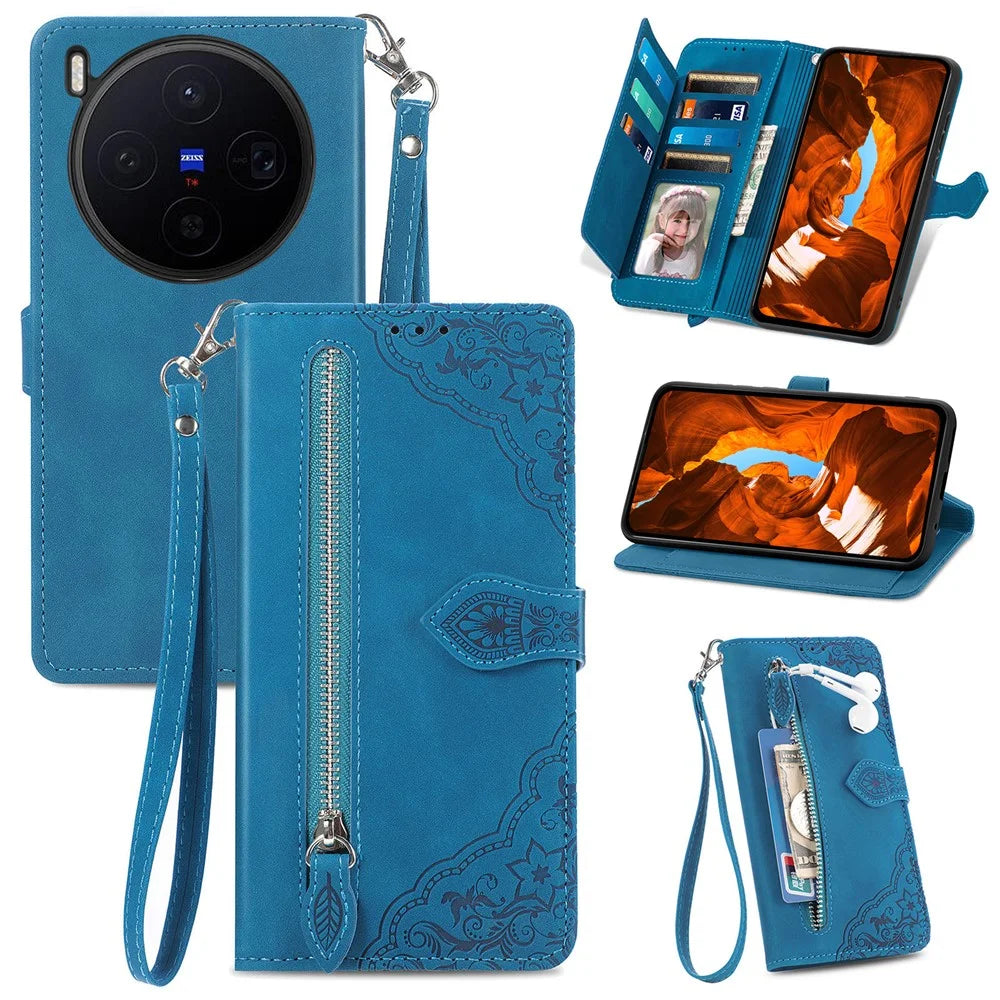 For vivo X300 5G Zipper Wallet Case with Strap Flower Imprint PU Leather Phone Cover - Blue - 1