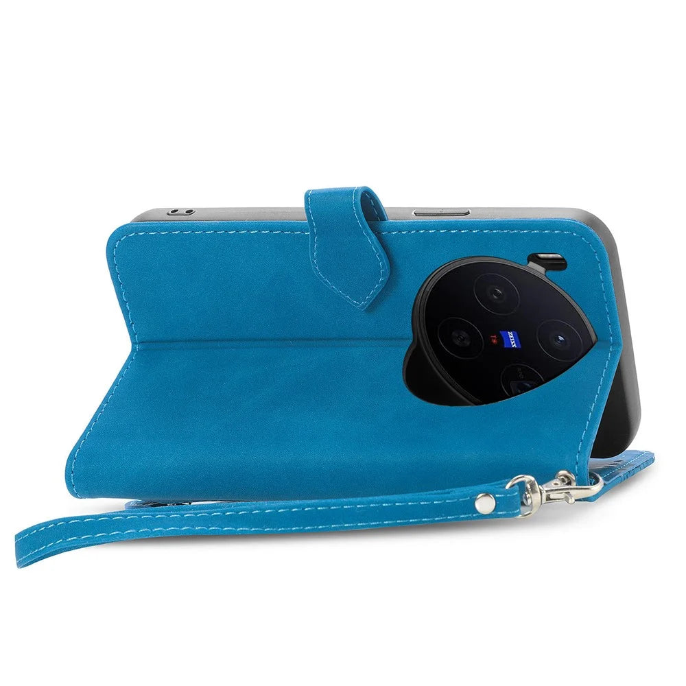 For vivo X300 5G Zipper Wallet Case with Strap Flower Imprint PU Leather Phone Cover - Blue - 4