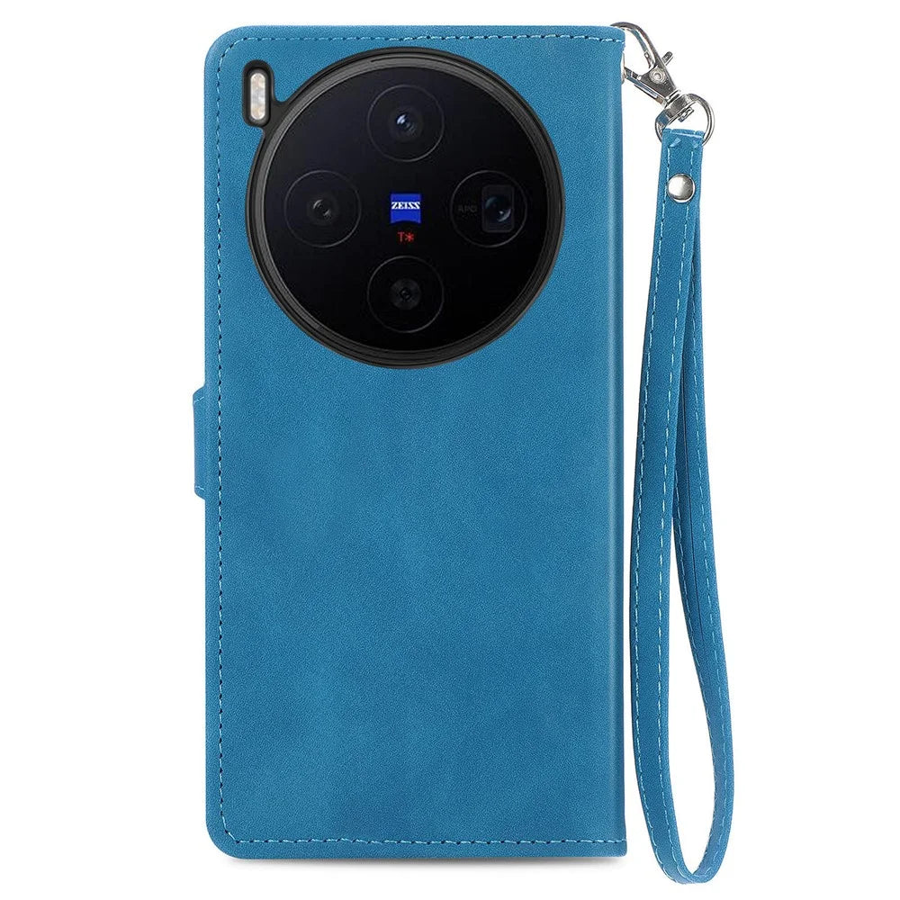 For vivo X300 5G Zipper Wallet Case with Strap Flower Imprint PU Leather Phone Cover - Blue - 6