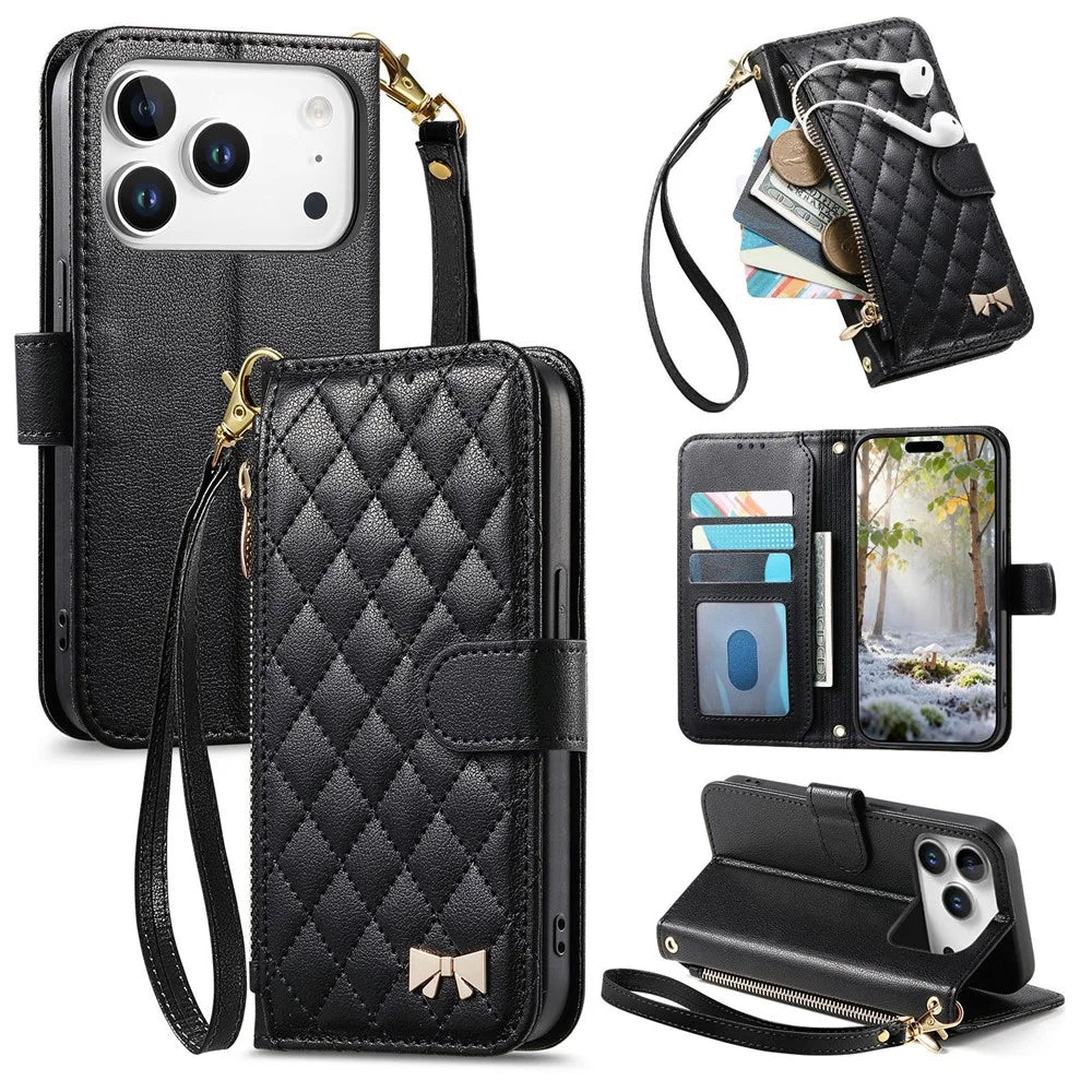 For iPhone 18 Pro Max / 17 Pro Max Stand Case Imprint TPU PU Leather Zipper Pocket Wallet Phone Cover with Strap - Black - 1