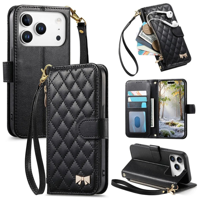 For iPhone 18 Pro Max / 17 Pro Max Stand Case Imprint TPU PU Leather Zipper Pocket Wallet Phone Cover with Strap - Black - 1