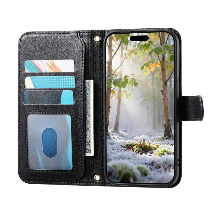 For iPhone 18 Pro Max / 17 Pro Max Stand Case Imprint TPU PU Leather Zipper Pocket Wallet Phone Cover with Strap - Black - 2