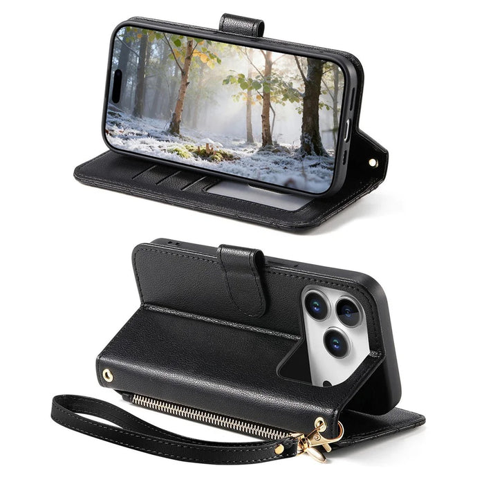 For iPhone 18 Pro Max / 17 Pro Max Stand Case Imprint TPU PU Leather Zipper Pocket Wallet Phone Cover with Strap - Black - 3