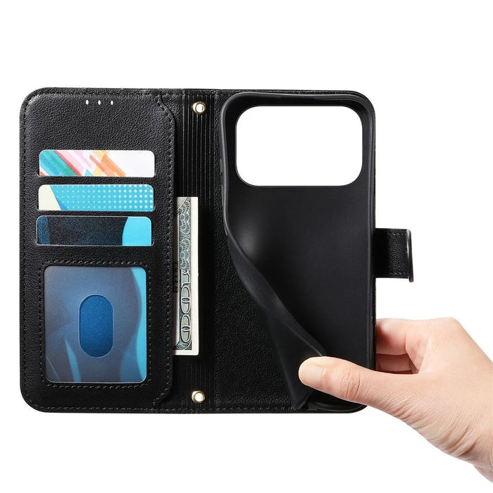 For iPhone 18 Pro Max / 17 Pro Max Stand Case Imprint TPU PU Leather Zipper Pocket Wallet Phone Cover with Strap - Black - 4