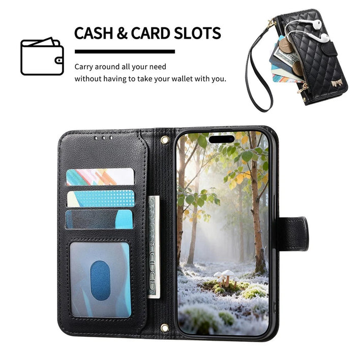 For iPhone 18 Pro Max / 17 Pro Max Stand Case Imprint TPU PU Leather Zipper Pocket Wallet Phone Cover with Strap - Black - 5