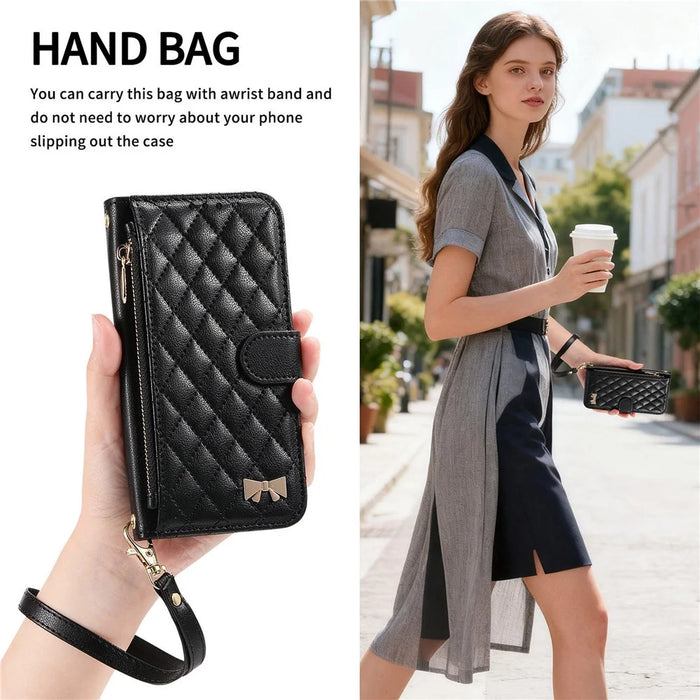 For iPhone 18 Pro Max / 17 Pro Max Stand Case Imprint TPU PU Leather Zipper Pocket Wallet Phone Cover with Strap - Black - 6