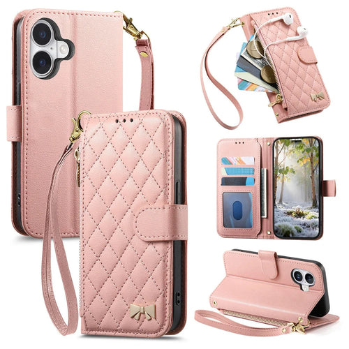 For iPhone 17 Stand Case Imprint TPU PU Leather Zipper Pocket Wallet Phone Cover with Strap - Pink - 1