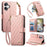 For iPhone 17 Stand Case Imprint TPU PU Leather Zipper Pocket Wallet Phone Cover with Strap - Pink - 1