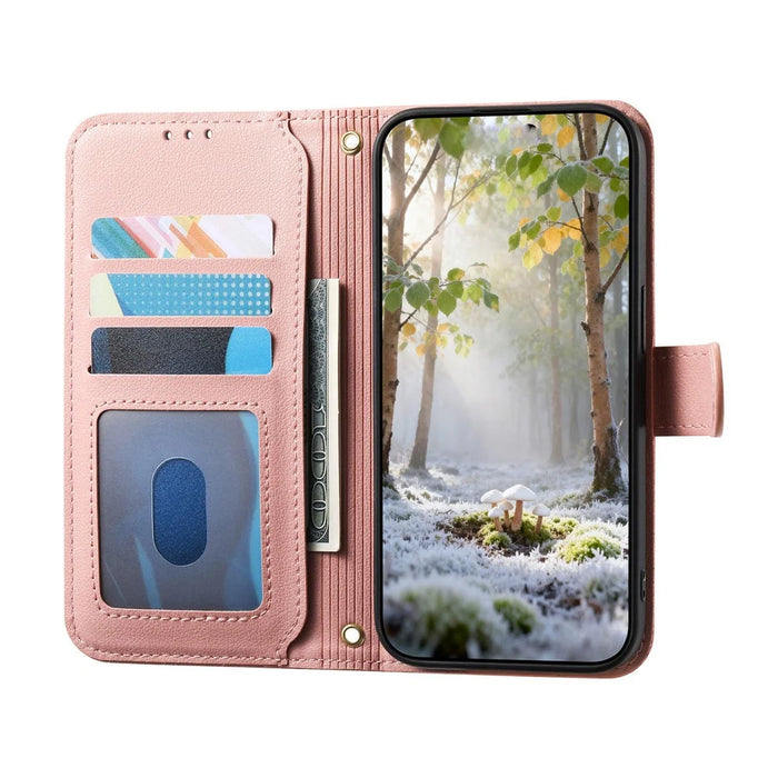 For iPhone 17 Stand Case Imprint TPU PU Leather Zipper Pocket Wallet Phone Cover with Strap - Pink - 2