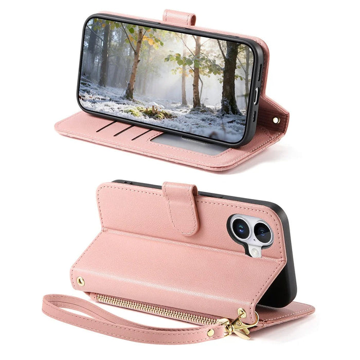 For iPhone 17 Stand Case Imprint TPU PU Leather Zipper Pocket Wallet Phone Cover with Strap - Pink - 3