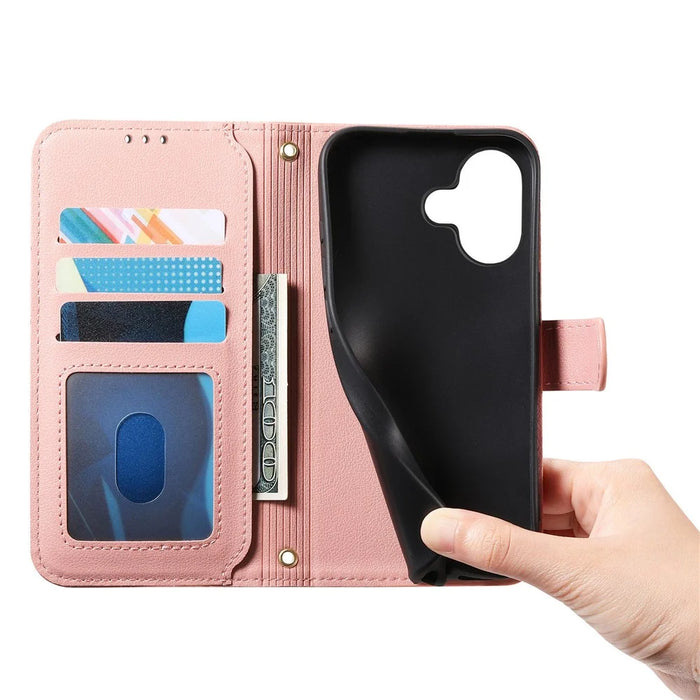 For iPhone 17 Stand Case Imprint TPU PU Leather Zipper Pocket Wallet Phone Cover with Strap - Pink - 4