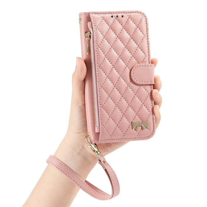 For iPhone 17 Stand Case Imprint TPU PU Leather Zipper Pocket Wallet Phone Cover with Strap - Pink - 5
