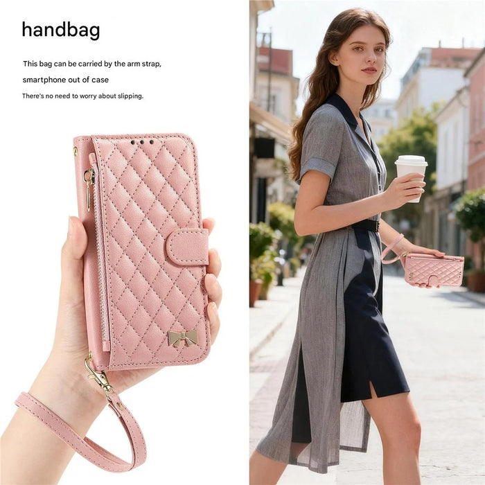 For iPhone 17 Stand Case Imprint TPU PU Leather Zipper Pocket Wallet Phone Cover with Strap - Pink - 6