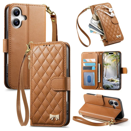 For iPhone 16 Stand Case Imprint TPU PU Leather Zipper Pocket Wallet Phone Cover with Strap - Brown - 1