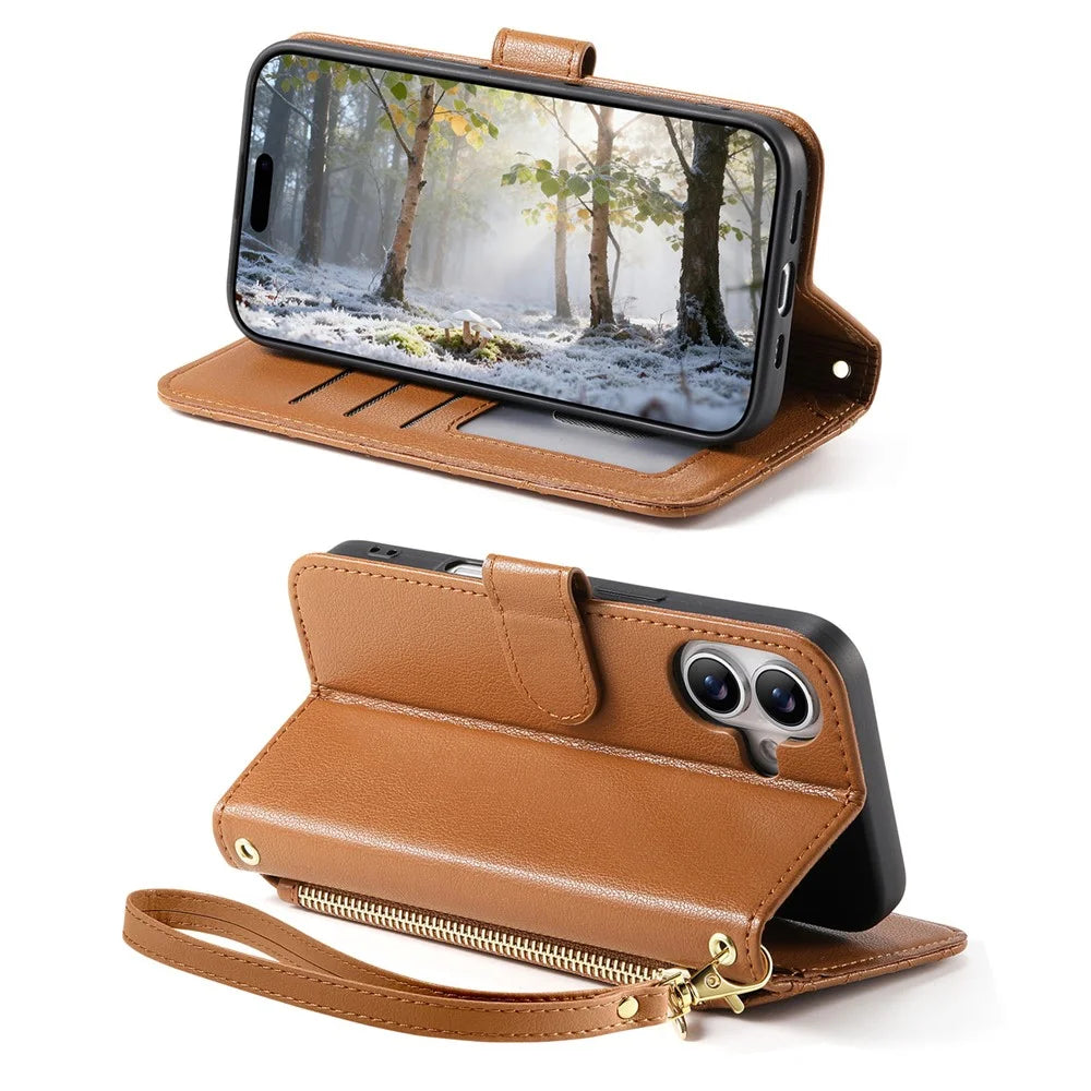 For iPhone 16 Stand Case Imprint TPU PU Leather Zipper Pocket Wallet Phone Cover with Strap - Brown - 3