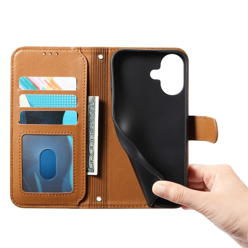 For iPhone 16 Stand Case Imprint TPU PU Leather Zipper Pocket Wallet Phone Cover with Strap - Brown - 4