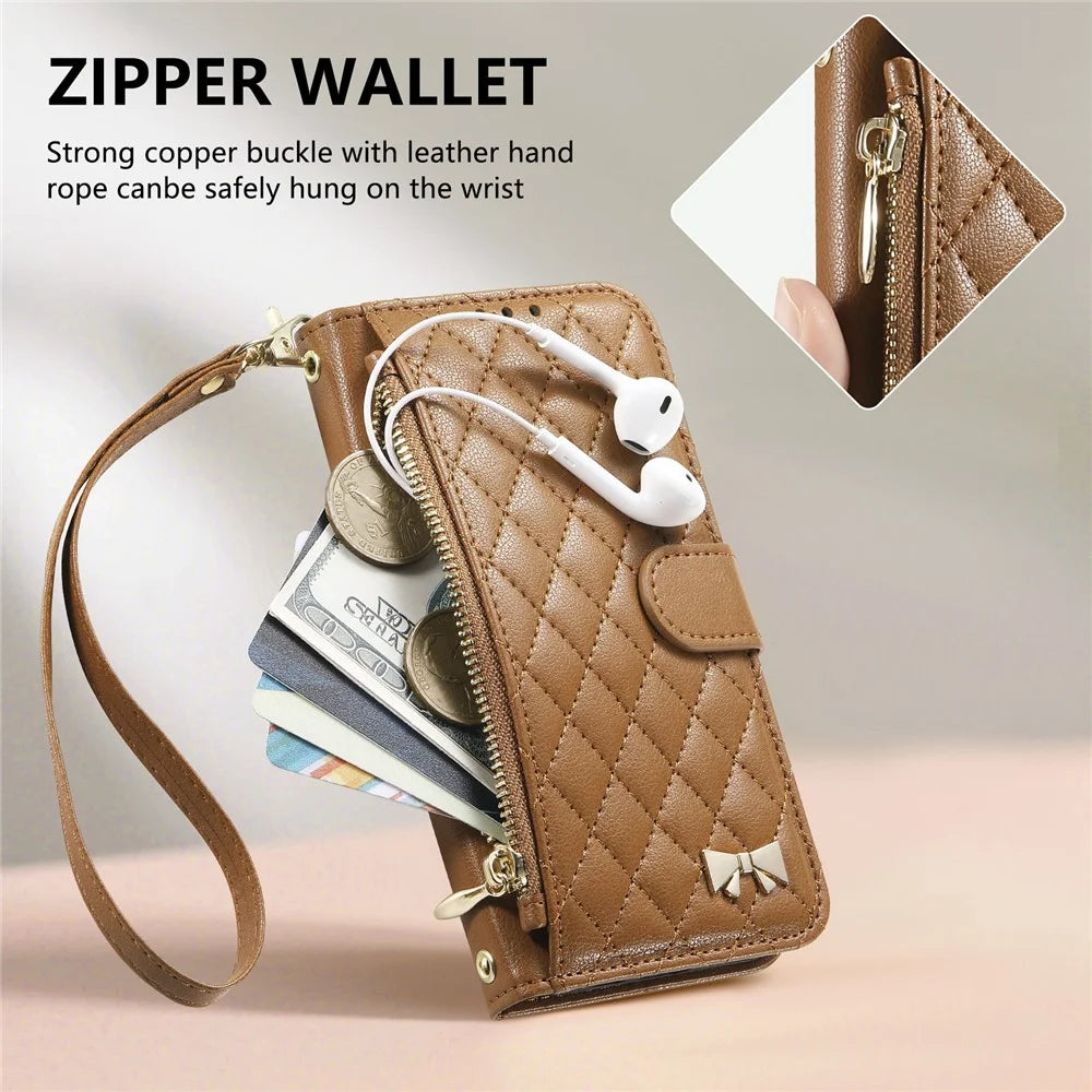 For iPhone 16 Stand Case Imprint TPU PU Leather Zipper Pocket Wallet Phone Cover with Strap - Brown - 6