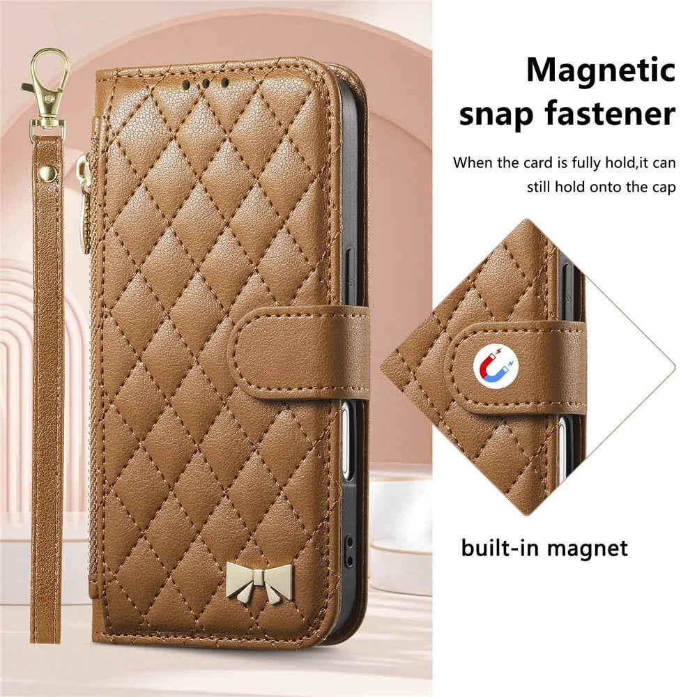 For iPhone 16 Stand Case Imprint TPU PU Leather Zipper Pocket Wallet Phone Cover with Strap - Brown - 7