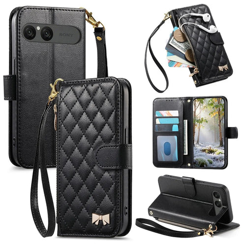 For Sony Xperia 10 VII Stand Case Imprint TPU PU Leather Zipper Pocket Wallet Phone Cover with Strap - Black - 1