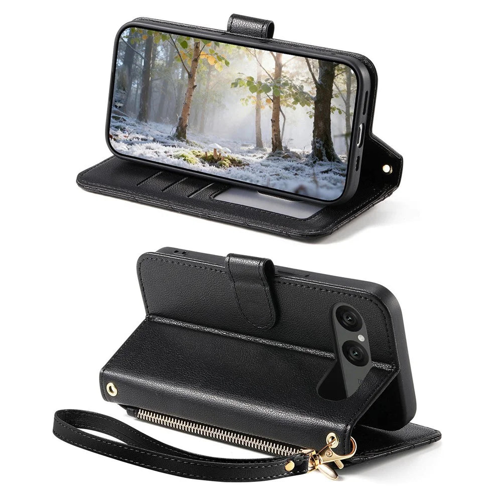 For Sony Xperia 10 VII Stand Case Imprint TPU PU Leather Zipper Pocket Wallet Phone Cover with Strap - Black - 3