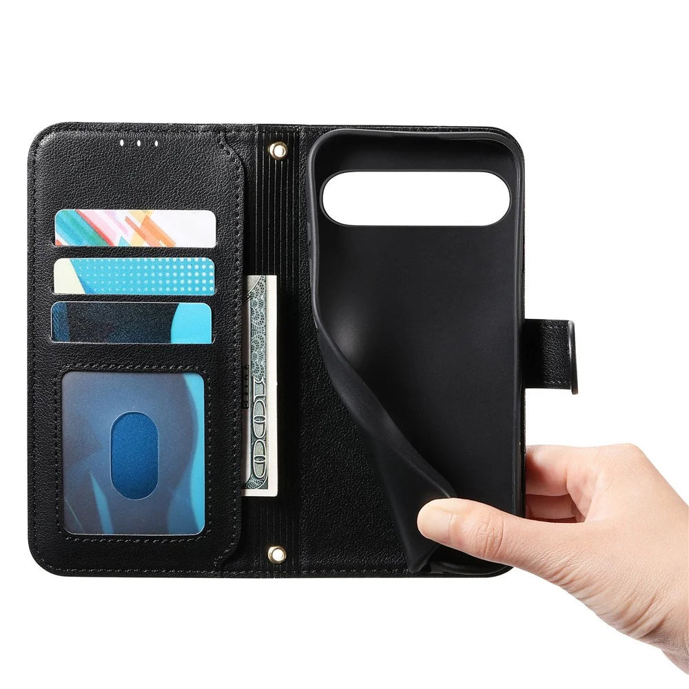 For Sony Xperia 10 VII Stand Case Imprint TPU PU Leather Zipper Pocket Wallet Phone Cover with Strap - Black - 4