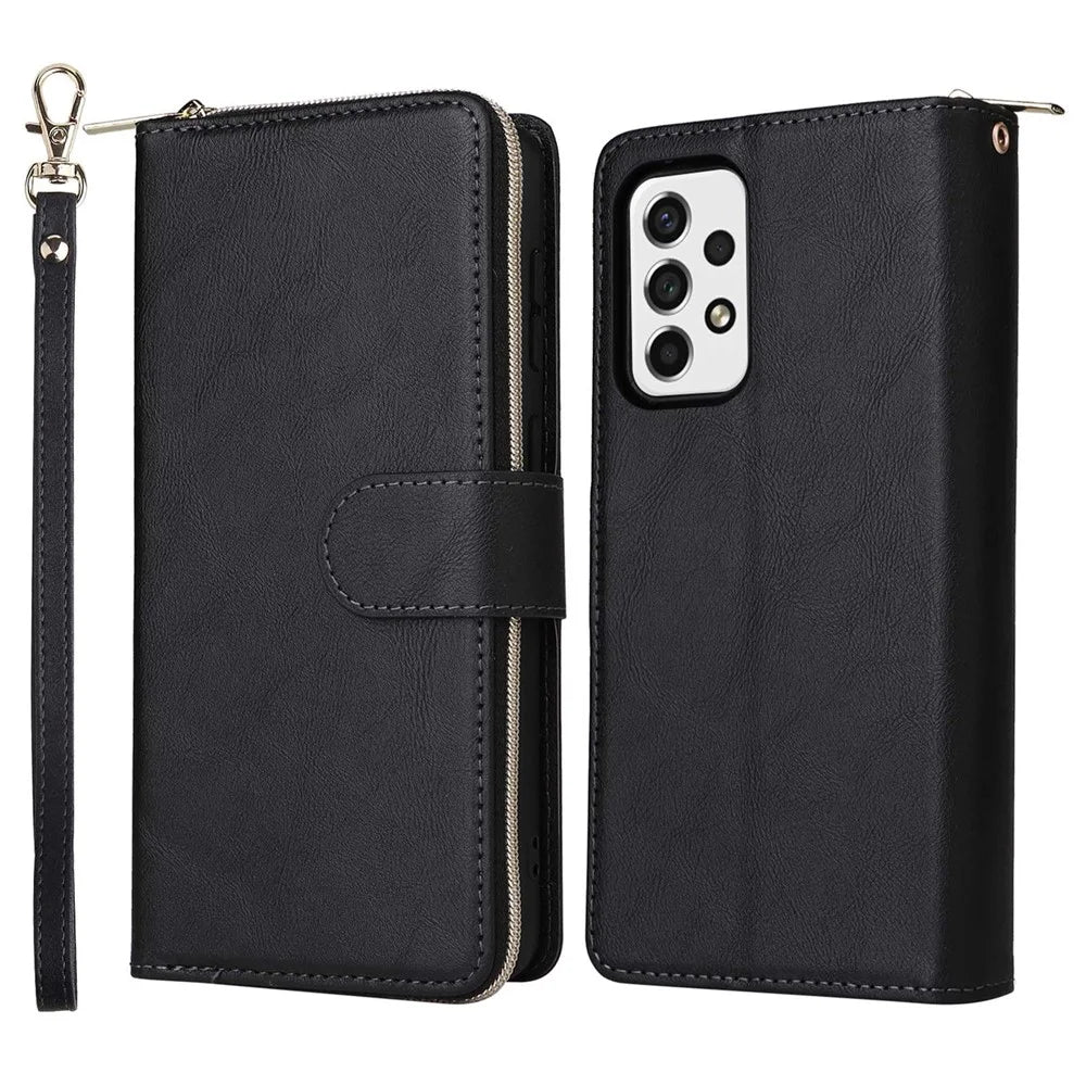 For Samsung Galaxy A33 5G PU Leather Wallet Phone Case with 9 Card Slots, Zipper Pocket Stand Flip Cover - Black - 1