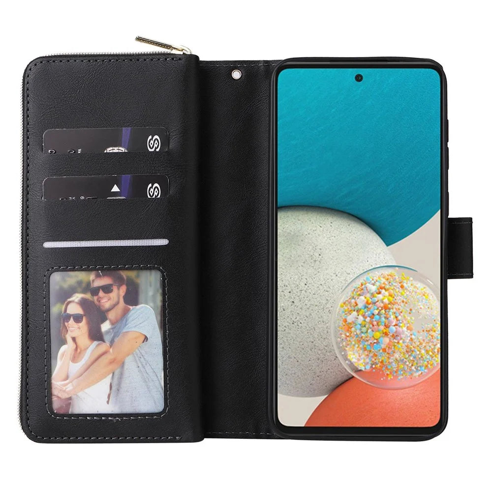 For Samsung Galaxy A33 5G PU Leather Wallet Phone Case with 9 Card Slots, Zipper Pocket Stand Flip Cover - Black - 2