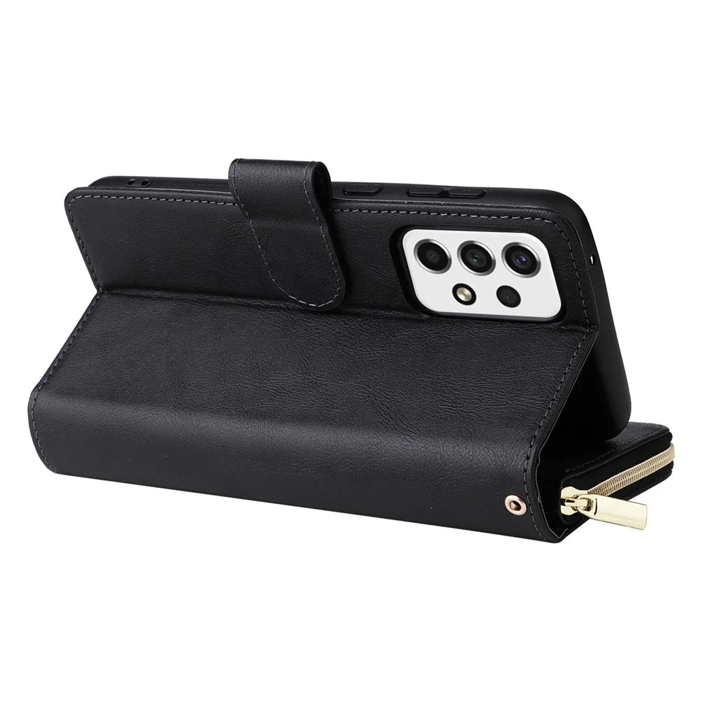 For Samsung Galaxy A33 5G PU Leather Wallet Phone Case with 9 Card Slots, Zipper Pocket Stand Flip Cover - Black - 4