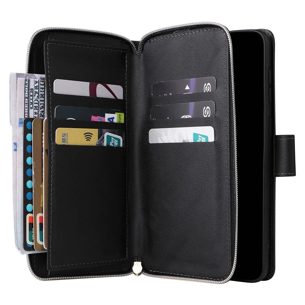 For Samsung Galaxy A33 5G PU Leather Wallet Phone Case with 9 Card Slots, Zipper Pocket Stand Flip Cover - Black - 5