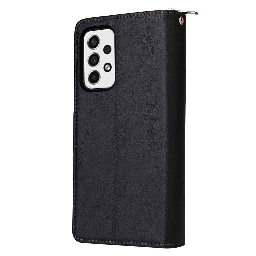 For Samsung Galaxy A33 5G PU Leather Wallet Phone Case with 9 Card Slots, Zipper Pocket Stand Flip Cover - Black - 7