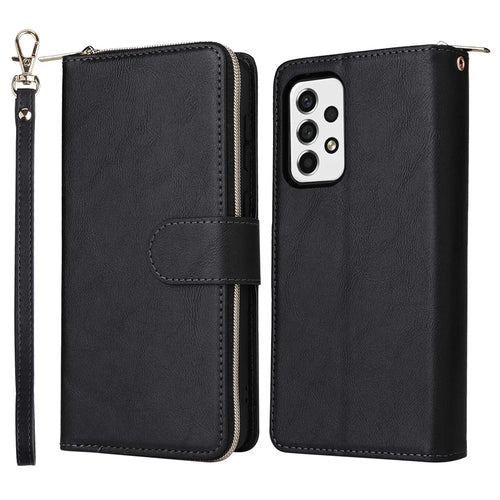 For Samsung Galaxy A23 4G / A23 5G (Global Version) / M23 5G / F23 5G Slim PU Leather Wallet Phone Case 9 Card Slots Zipper Pocket Stand Flip Cover - Black - 1