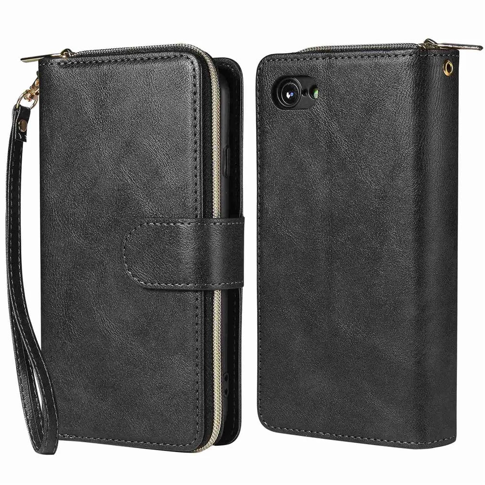 For iPhone 8 / 7 / SE (2020) / SE (2022) Ultra-thin Phone Shell PU Leather Wallet Phone Case Stand Cover with 9 Card Slots and Zipper Pocket - Black - 1