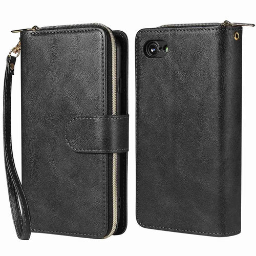 For iPhone 8 / 7 / SE (2020) / SE (2022) Ultra-thin Phone Shell PU Leather Wallet Phone Case Stand Cover with 9 Card Slots and Zipper Pocket - Black - 1