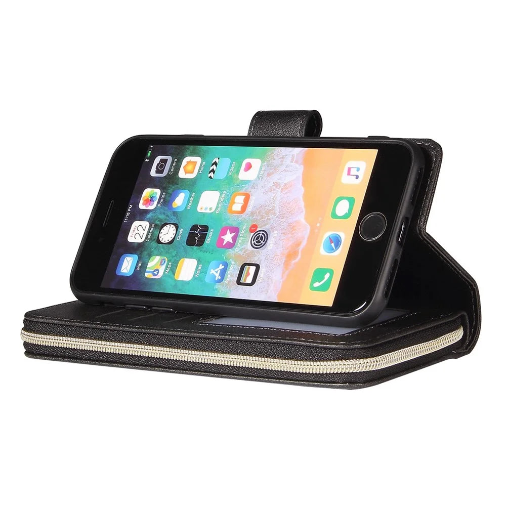 For iPhone 8 / 7 / SE (2020) / SE (2022) Ultra-thin Phone Shell PU Leather Wallet Phone Case Stand Cover with 9 Card Slots and Zipper Pocket - Black - 2