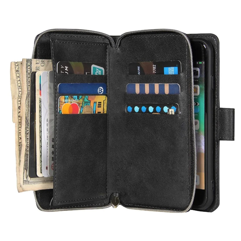 For iPhone 8 / 7 / SE (2020) / SE (2022) Ultra-thin Phone Shell PU Leather Wallet Phone Case Stand Cover with 9 Card Slots and Zipper Pocket - Black - 3