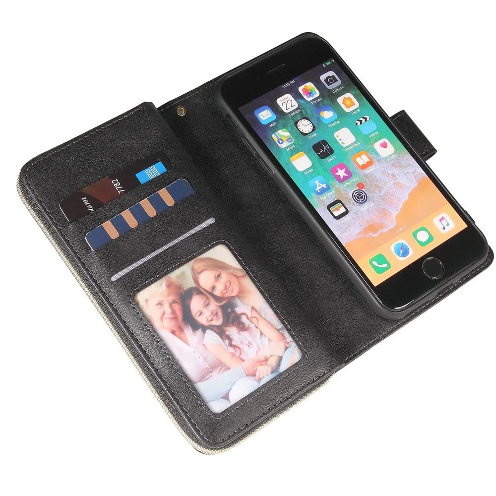 For iPhone 8 / 7 / SE (2020) / SE (2022) Ultra-thin Phone Shell PU Leather Wallet Phone Case Stand Cover with 9 Card Slots and Zipper Pocket - Black - 5